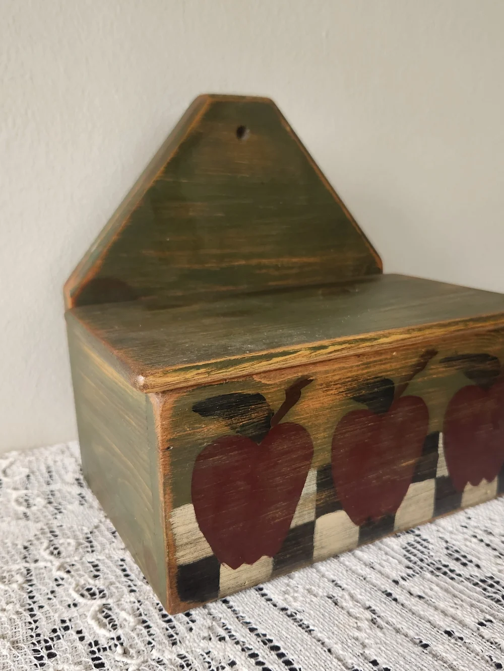 Farmhouse Hand-Painted Rustic Apple Wall Shelf Box - Green and Red